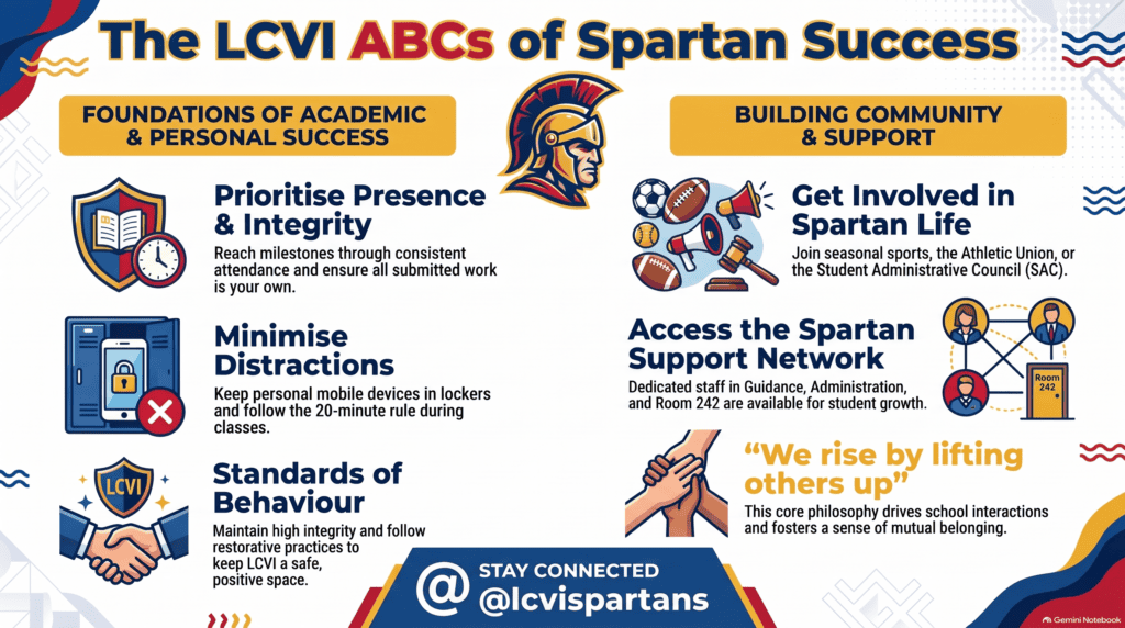 An infographic of attendance/academic, behaviour, and community expectations.